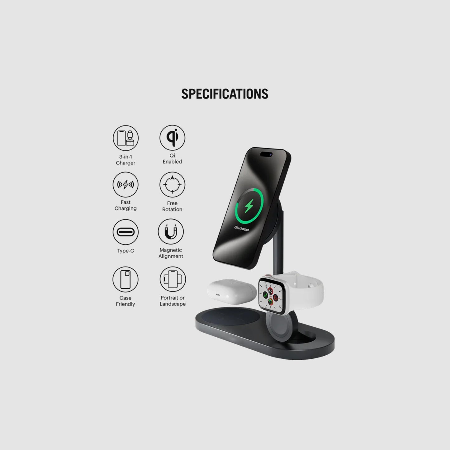 DailyObjects SURGE™ Max 3-In-1 Magnetic Wireless Charging Station (30W)- BO